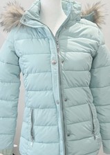 Justice Turquiose Hooded Puffer Jacket Faux Fur Trim Full Zip Snap Pockets 14