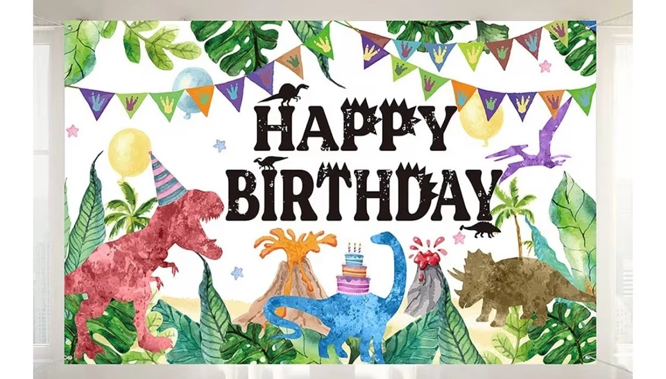 Banner DINOSSAURO FELIZ ANIVERSÁRIO 72,8" L x 43,3" A - Tecido de poliéster - Imagem 3 de 3