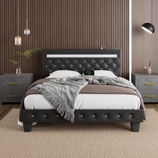 Bed Frame Full Queen with Diamond Design Adjustable Headboard and LED Lights