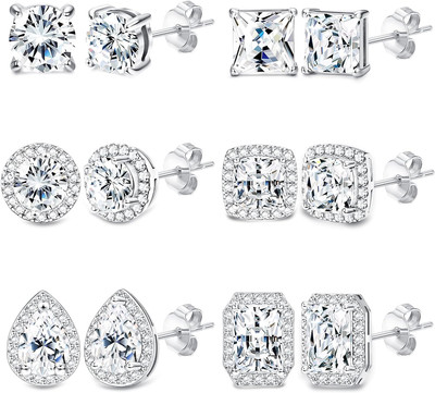 6Pairs Stainless Steel Cubic Zirconia Stud Earrings for Women Men 18K White G...