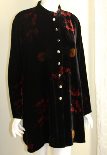 Chico's Sz 3 XL Black Red Orange Asian Silk Velvet Printed Long Jacket
