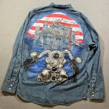Levis Custom Painted Motorcycle Denim Button Shirt Mens XL Blue Pearl Snap Adult