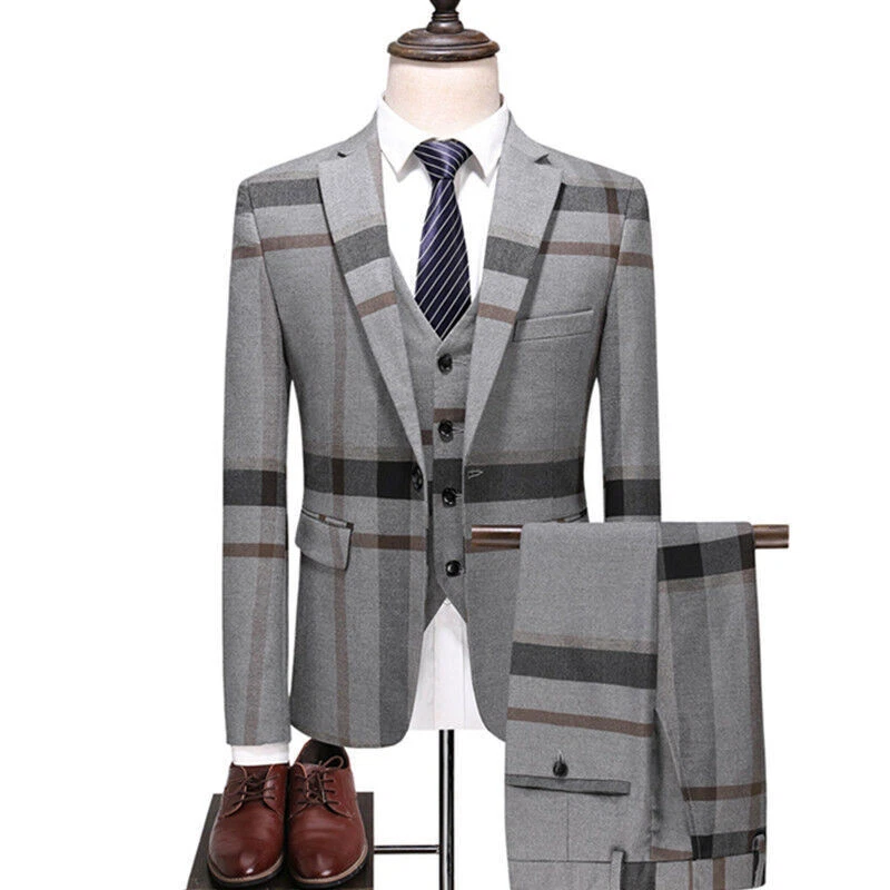 2022 new Men s Wedding Plaid Blue Grey Blazer Pants Pants 3 Sets