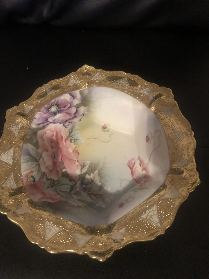 Antiguo cuenco para servir Nippon pintado a mano tamaño 10x3 porcelana con oro Foto 2 de 4