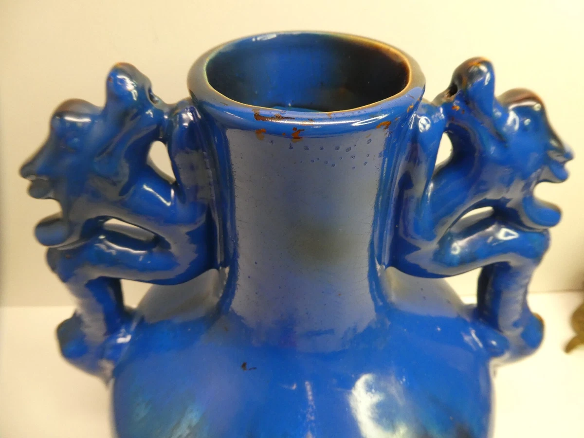 VINTAGE CHINESE BLUE ENAMEL PAINTED DRAGON HANDLE POTTERY VASE
