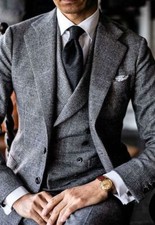 Men Gray Plaid 3 Piece Suit Wool Checked Suit Slim Fit Winter 3 pc Business Suit