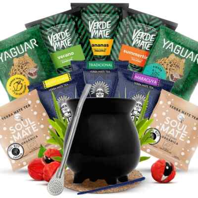 Mate Tee Set Verde Mate Guarani Proben 10x50g Mate Becher Caldero Schwarz 350 ml