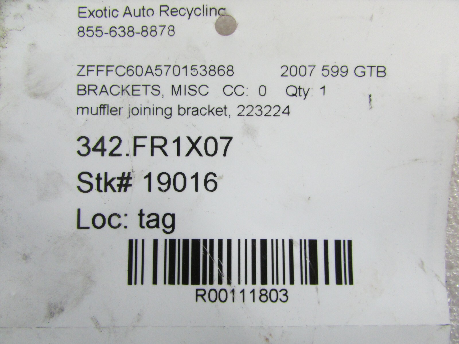 Ferrari 599 GTB, Muffler Joining Crossmember / Bracket, Used, P/N 223224