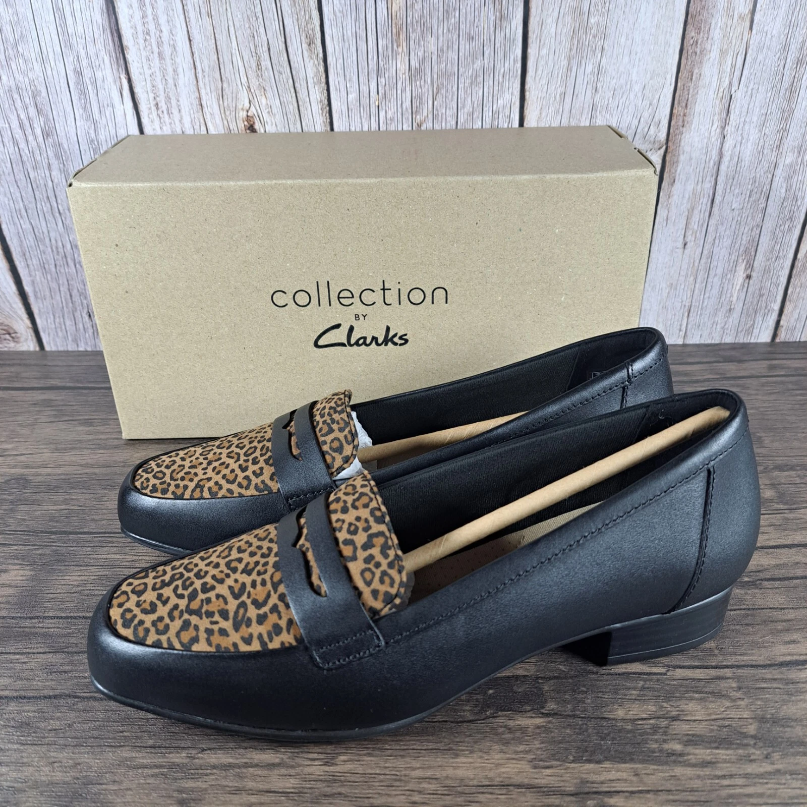 Mocassino donna Clarks Juliet Coast nero leopardato pelle slip on taglia 6 5 W
