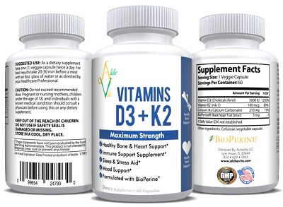 Vitamin D3+K2 plus Calcium (3-in-1 Maximum Strength formula)