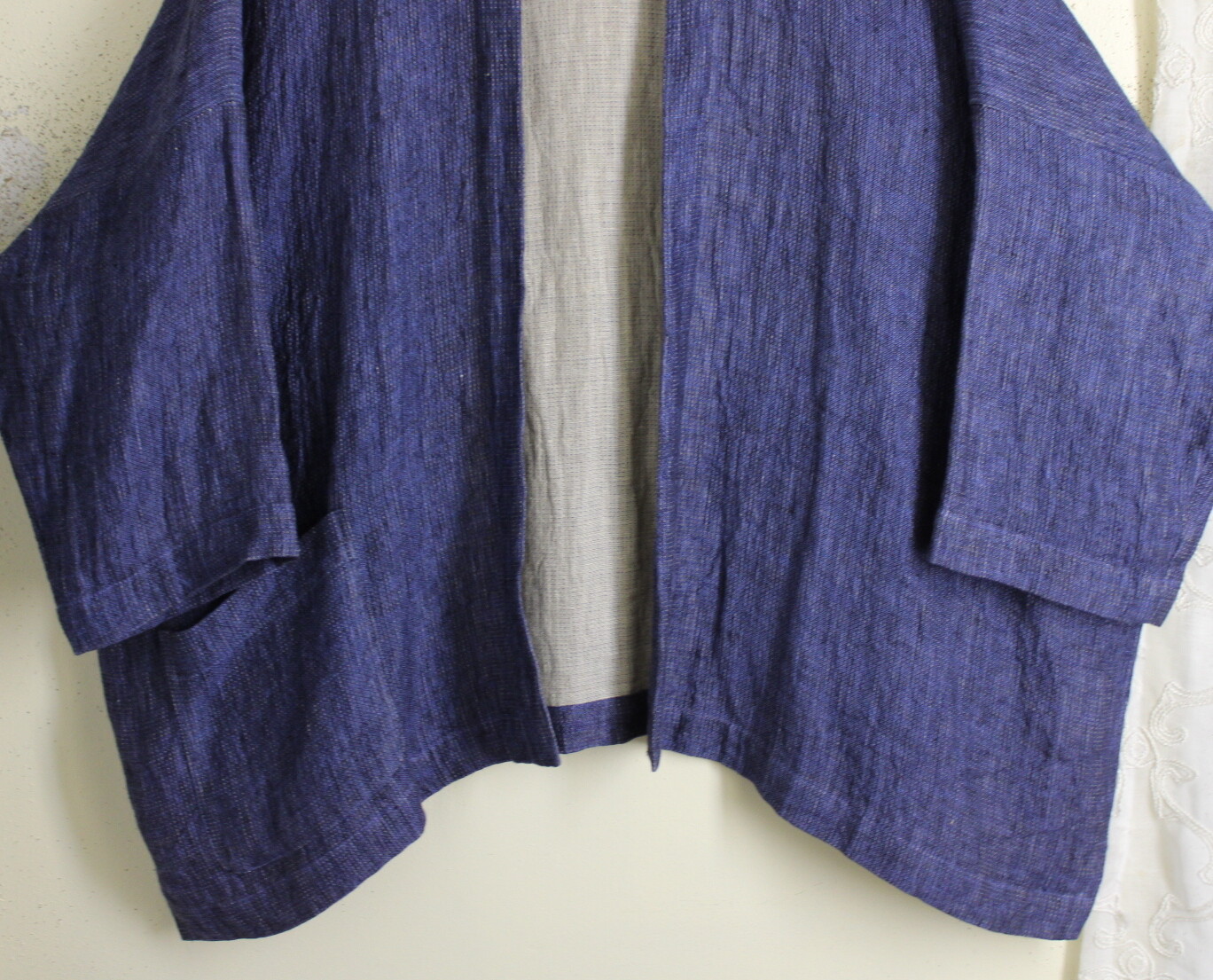 NEW Eskandar O/S INDIGO Denim Crinkle Basketweave Gauze Linen Kimono Jacket image 4