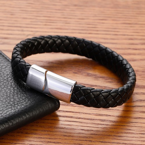 Black Men's Braided Leather Stainless Steel Cuff Bangle Bracelet Wristband - Picture 56 of 66