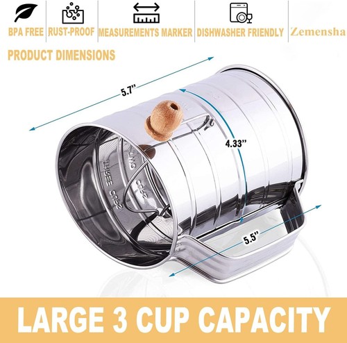 Professional 3-Cup Stainless Steel Flour Sifter with Clear Measuring Lines - Picture 4 of 8