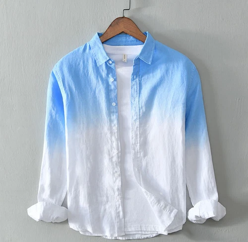 Men Cotton Linen Slim Shirts Button Long Sleeve Casual Linen Shirt Top Blouse - Foto 4 di 17