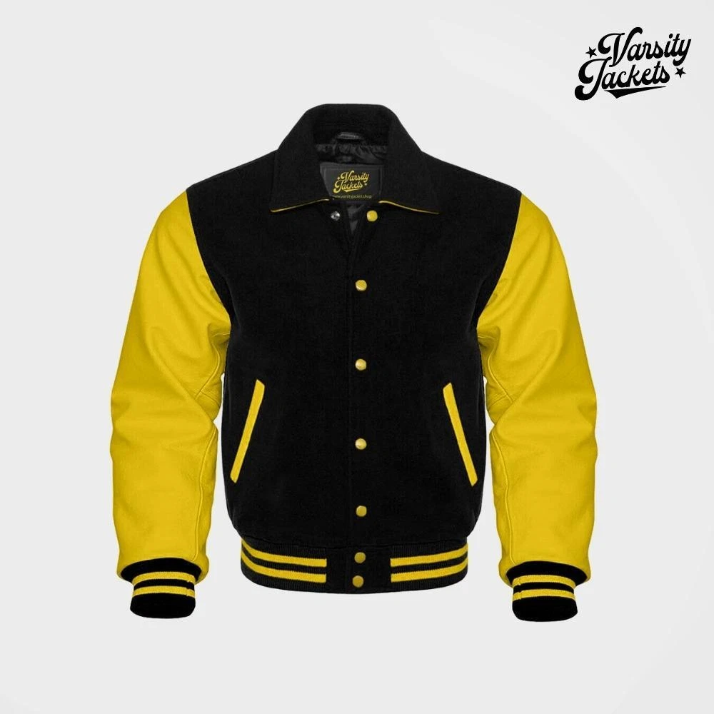 Louis Vuitton Black Leather Sleeves Yellow Varsity Jacket For Sale