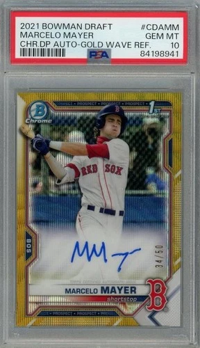 2021 Topps Bowman Draft Marcelo Mayer Chrome Pick Auto Gold Wave Ref /50 PSA10
