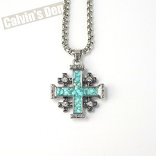 Jerusalem Cross Turquoise Chip Inlay CZ Accents Pendant Necklace Man Gift