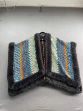 Knit Poncho Womens One Size Multicolor Faux Fur Trim Cape Wrap Shawl Boho Cozy