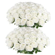  Artificial Roses in Bulk, Fake Velvet Silk Roses Realistic Rose for 50 White