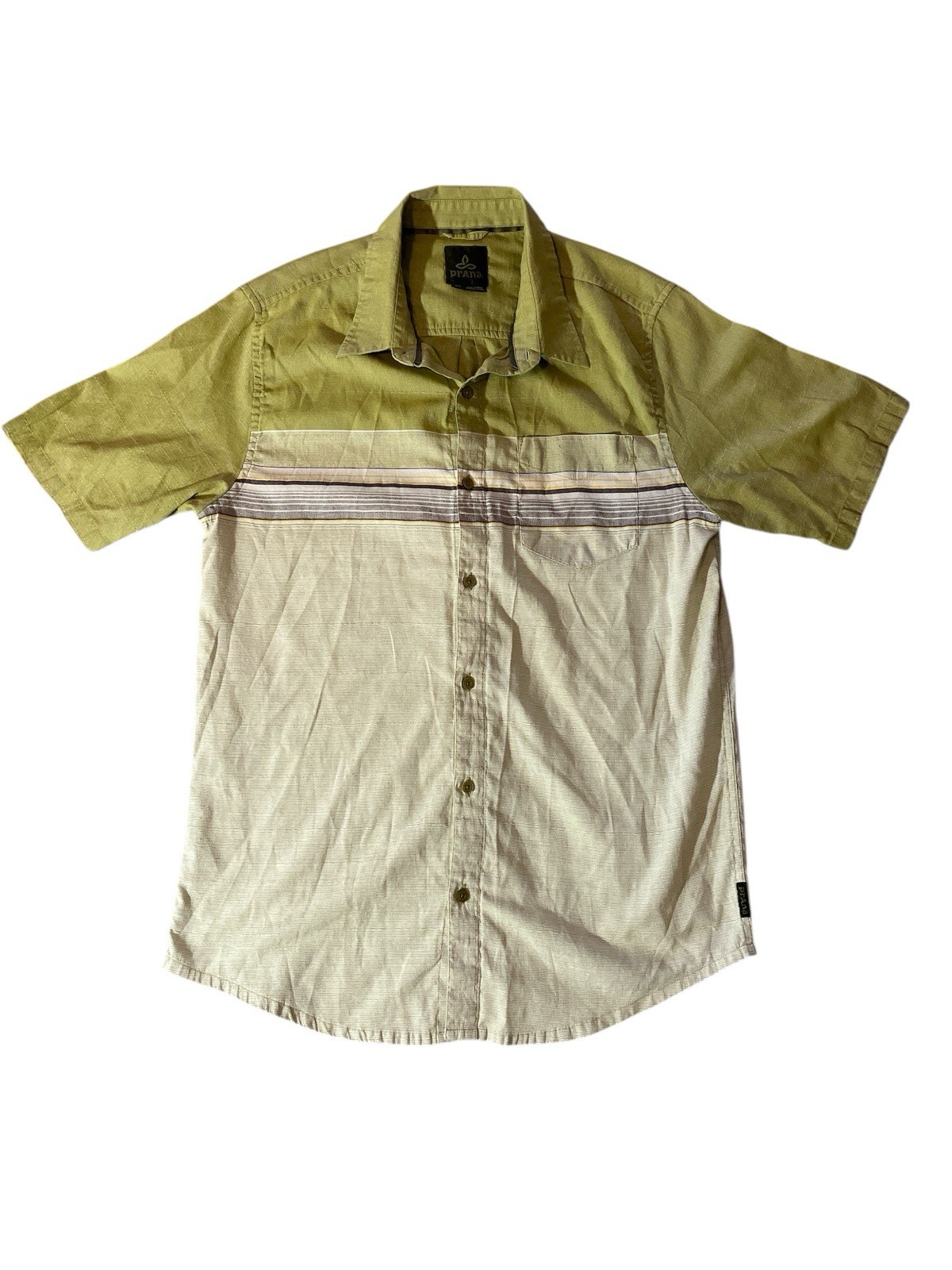 prAna Mens Large Shirt Button Up Green Short Sleeve Organic Cotton