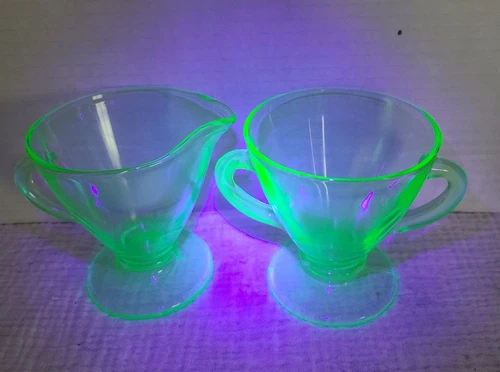 Vintage Hazel-Atlas Ovide Green Uranium Glass Footed Open Sugar & Creamer Set
