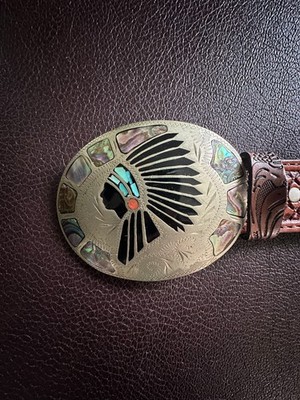 Vintage Johnson & Held Indian Chief Abalone and Turquoise Inlay + Belt Strap