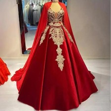Red Velvet Ball Wedding Dresses with Cape Gold Lace Applique Bridal Gowns  