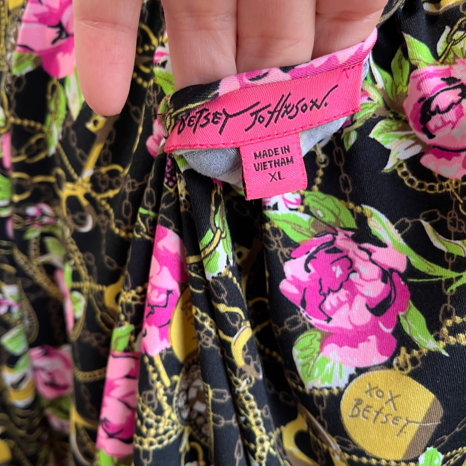 Betsey Johnson Floral Chain Print Blouson Top XL Pink Roses Boho Glam