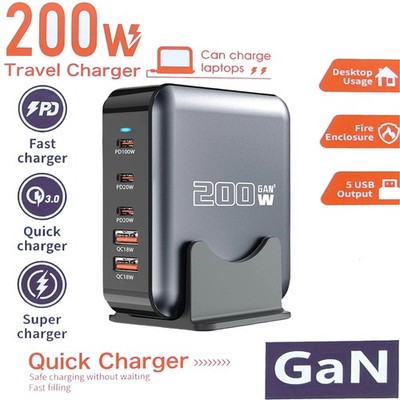 USB-C Ladegerät,200W Schnellladegerät für Laptops,5-Port-USB Mehrfach,GaN