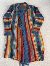 Wrangler Cardigan Sweater Womens S Multicolor Acrylic Open Front Fringe Aztec