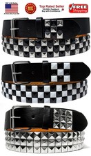 Punk Rock WHITE SILVER Black Metal Rivets Pyramid Studs Leather Belt with Buckle