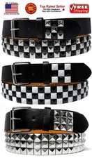 Punk Rock WHITE SILVER Black Metal Rivets Pyramid Studs Leather Belt with Buckle