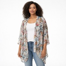 PARADIGMA Floral Open Front Kimono Duster Sheer Boho Cardigan M