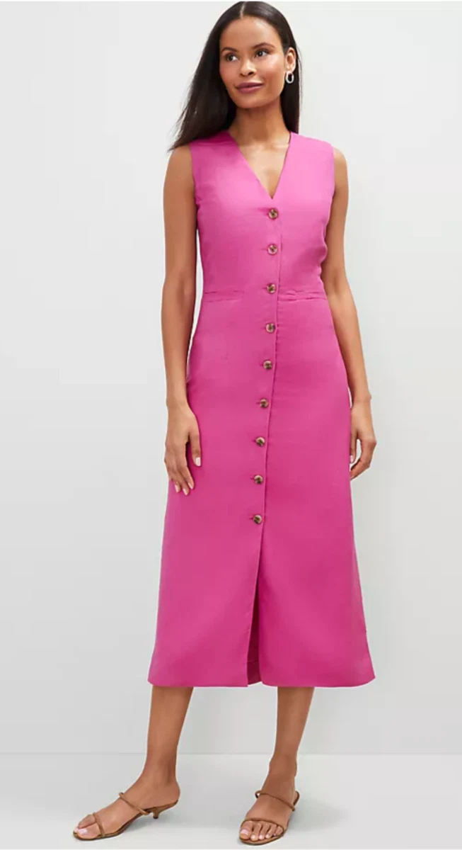 ann taylor women's linen blend v-neck wrap dress reviews Ann Taylor The Petite V-Back Boatneck Midi Dress Linen Twill Ojai Sky Women's at Hamilton Place in Chattanooga, TN