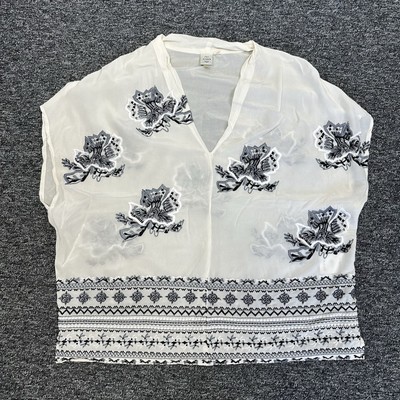 Seen Worn Kept Anthropologie Embroidered 100% Silk Blouse Top Size M V Neck