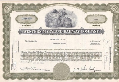 1966 WMd Western Maryland Railroad common stock certificate - CSX