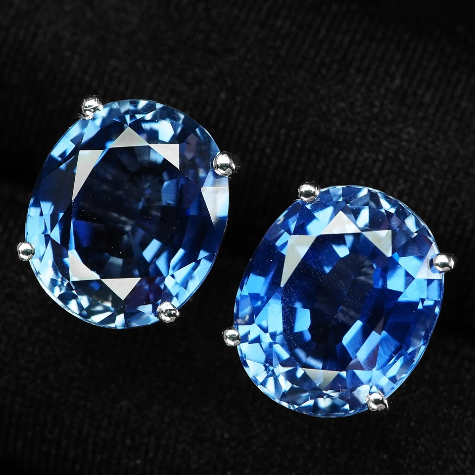 珍贵皇家蓝色蓝宝石 14.50 克拉 925 纯银白金耳环 — 第 2/4 张图片