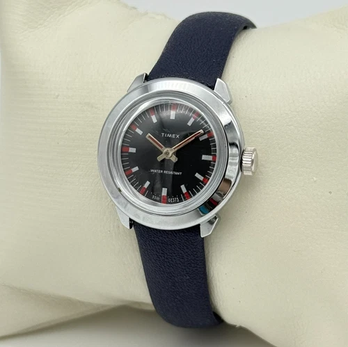 Vintage 1975 Women's TIMEX Silver Tone Mechanical Watch, Blue Band, 26mm, Runs