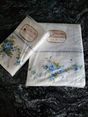 Vintage Springmaid ROSE BOUQUET cottage NEW Muslin Sheet/ PILLOWCASES Blue  MCM