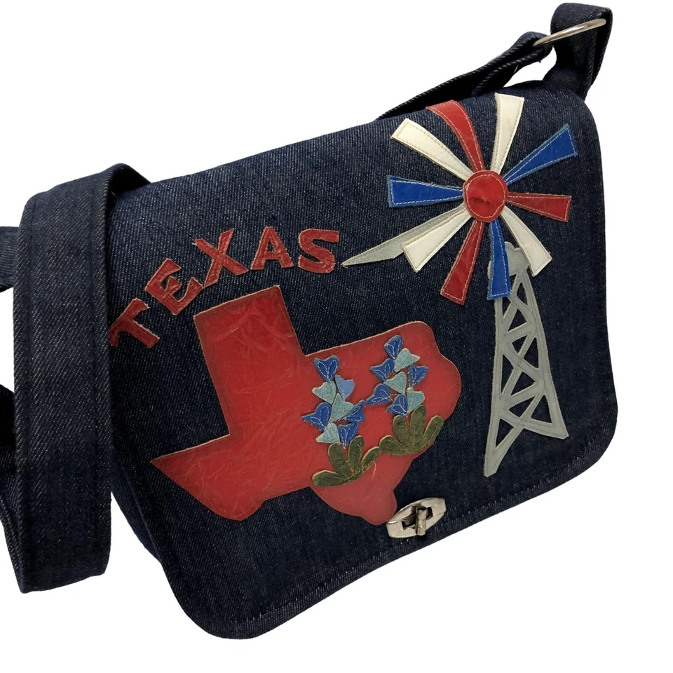 Vtg 60's AMERICANA Handbag Lone Star State TEXAS Flower MoD DENIM Shoulder Purse - Image 2 of 4