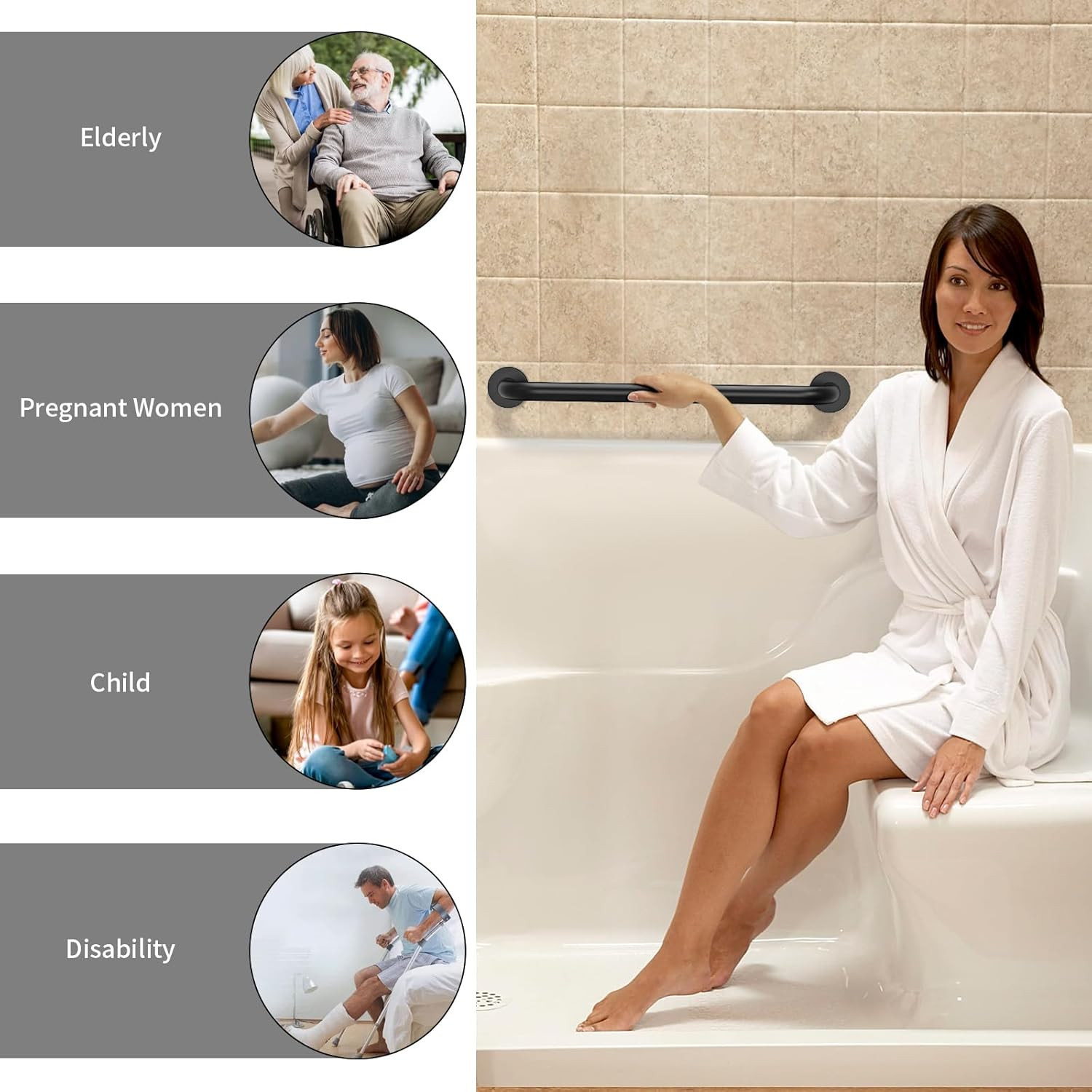 2 Pack 24 Inch Black Shower Grab Bars, ZUEXT Stainless Steel Bathroom Wall Grab