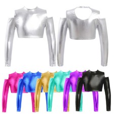 Kids Girls Tee Competition Sweatshirt Metallic Dancewear Jazz Shirt Dance Tops