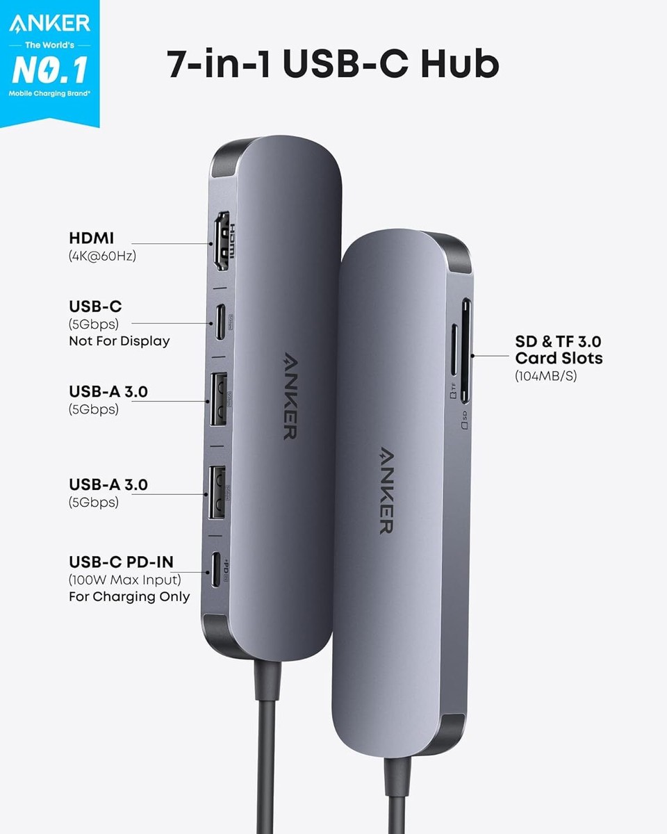 Anker 7-in-1 USB C Hub MultiPort Adapter 4K@60Hz USB C to HDMI