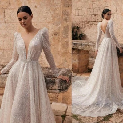 Brautkleid Hochzeitskleid Feinblitz V-Ausschnitt A-Linie Maßgeschneidert 38 40 - Bild 1 von 4