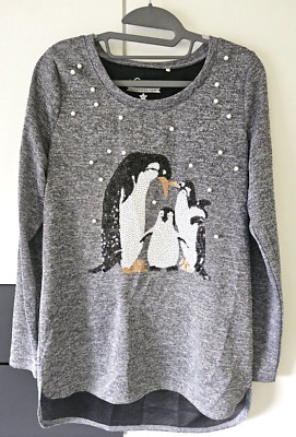 Langarmshirt, Pullover, grau, Pailletten, Pinguine, Gina, Gr. 40, schick