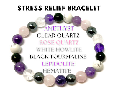 Stress Relief Bracelet: 8 mm Crystal Beads (Amethyst, Rose Quartz, Lepidolite)