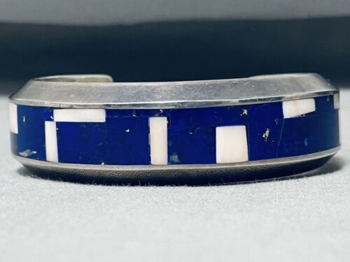 ONE OF THE BEST VINTAGE NAVAJO MIDNIGHT LAPIS STERLING SILVER BRACELET INLAY - Picture 2 of 9