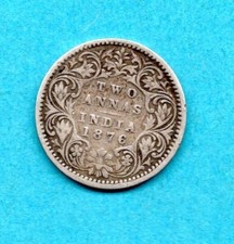 1876 INDIAN 2 ANNAS COIN. INDIA KEY DATE. BOMBAY MINT, 15.75mm. 91.7% SILVER.
