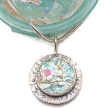 Roman Glass Silver 925 Pendent Round Ancient Glass Fragment 200 BC Bluish Patina