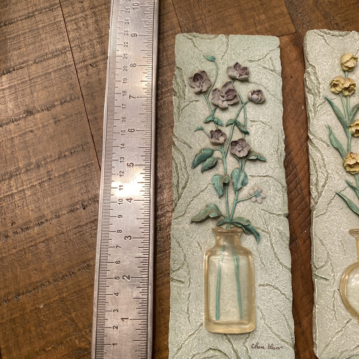 Set of 2 Vintage Cheri Blum Flowers in Vases 3D Resin Wall